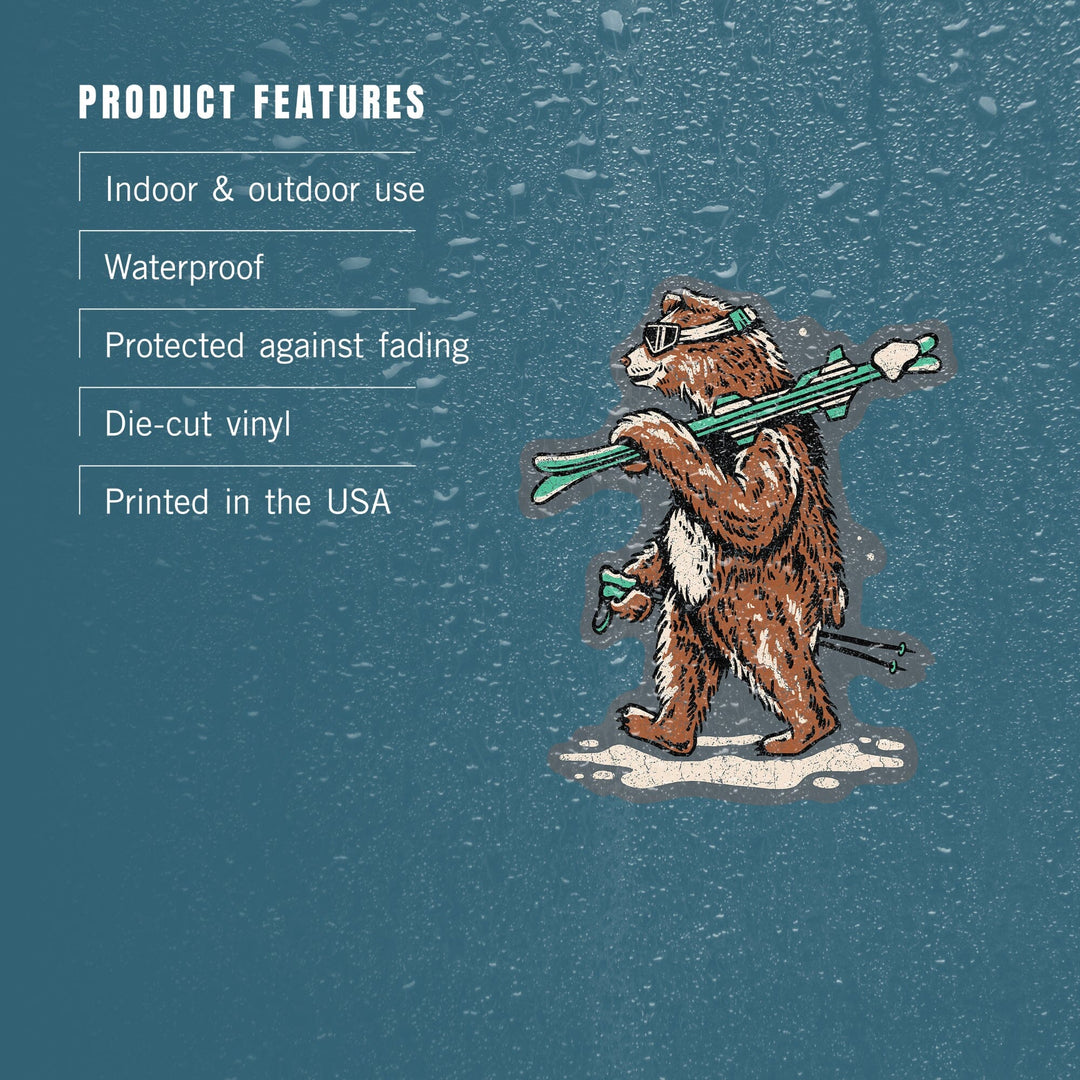 Ski Bear, Distressed Vector, Lantern Press Artwork, Vinyl Sticker Sticker Lantern Press 