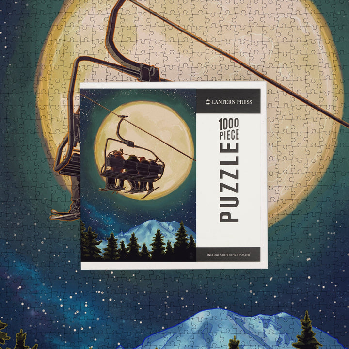 Ski Lift and Full Moon, Jigsaw Puzzle Puzzle Lantern Press 
