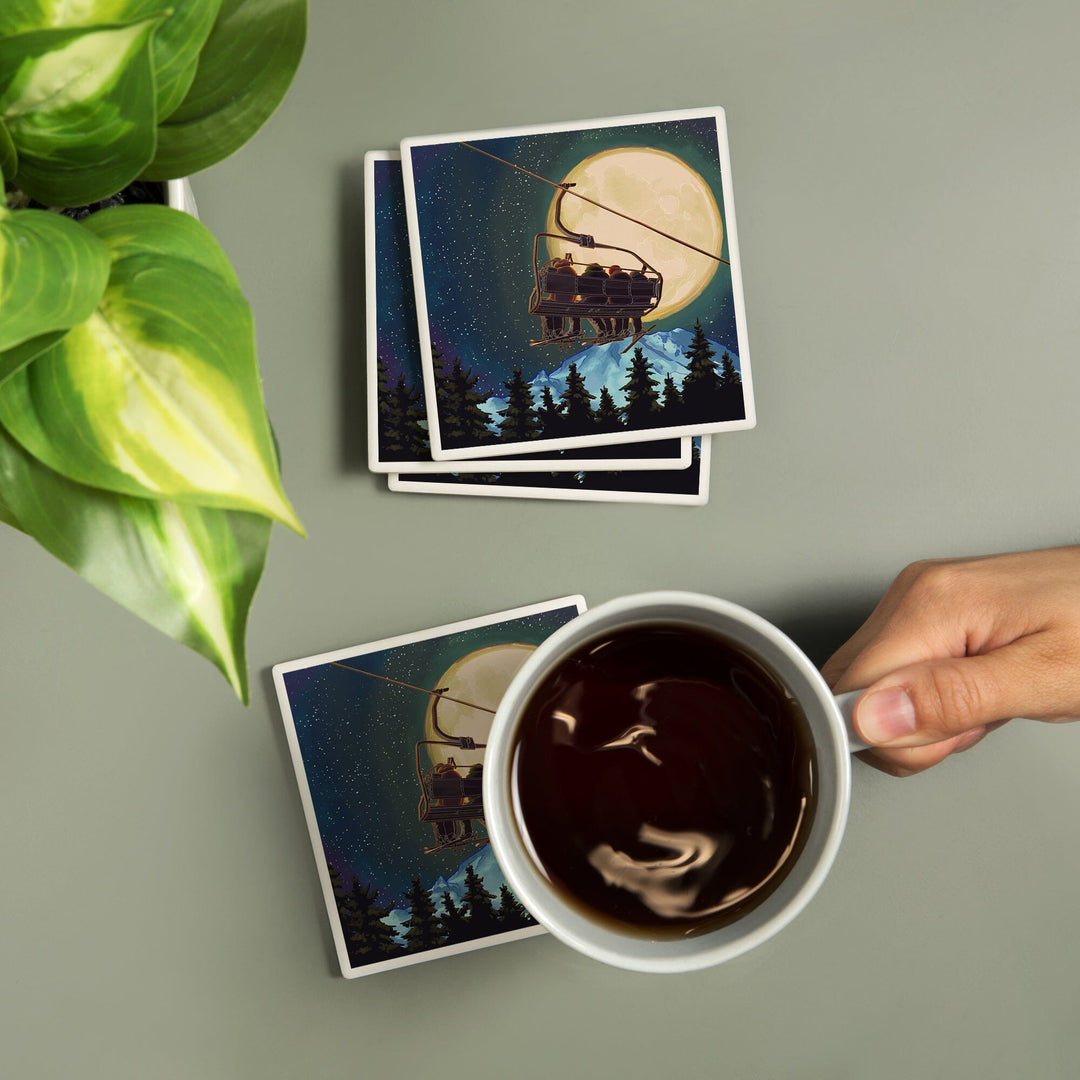 Ski Lift and Full Moon, Lantern Press Artwork, Coaster Set Coasters Lantern Press 