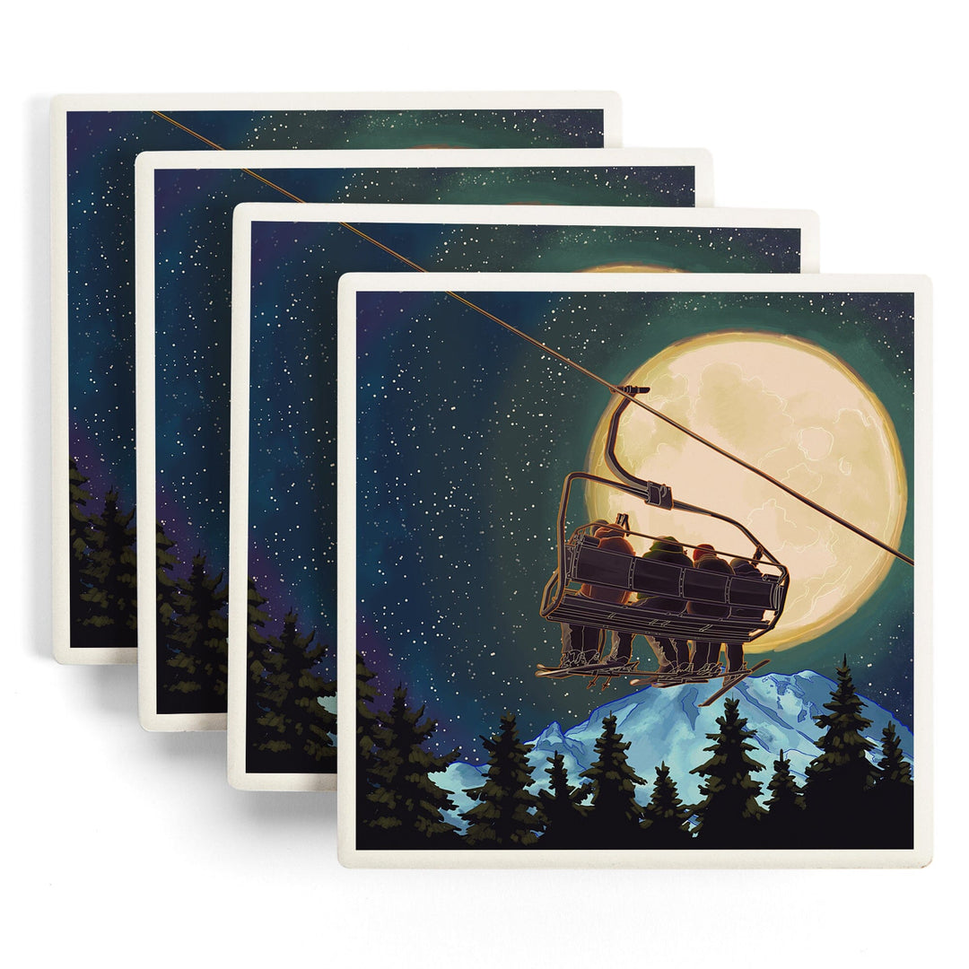 Ski Lift and Full Moon, Lantern Press Artwork, Coaster Set Coasters Lantern Press 