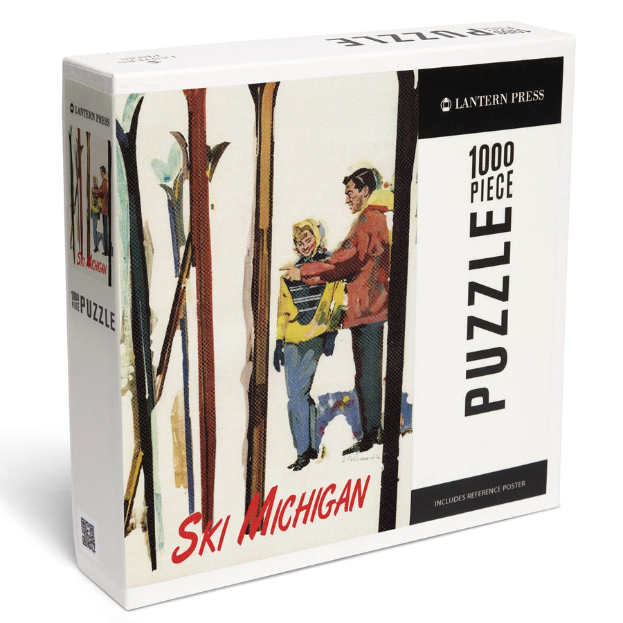 Ski Michigan, Couple by Skis in the Snow, Jigsaw Puzzle Puzzle Lantern Press 