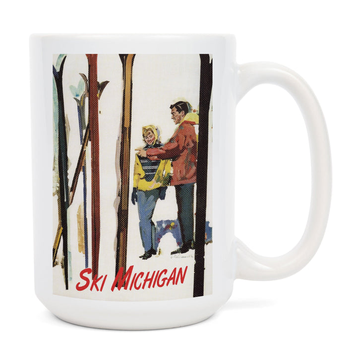 Ski Michigan, Couple by Skis in the Snow, Lantern Press Artwork, Ceramic Mug Mugs Lantern Press 