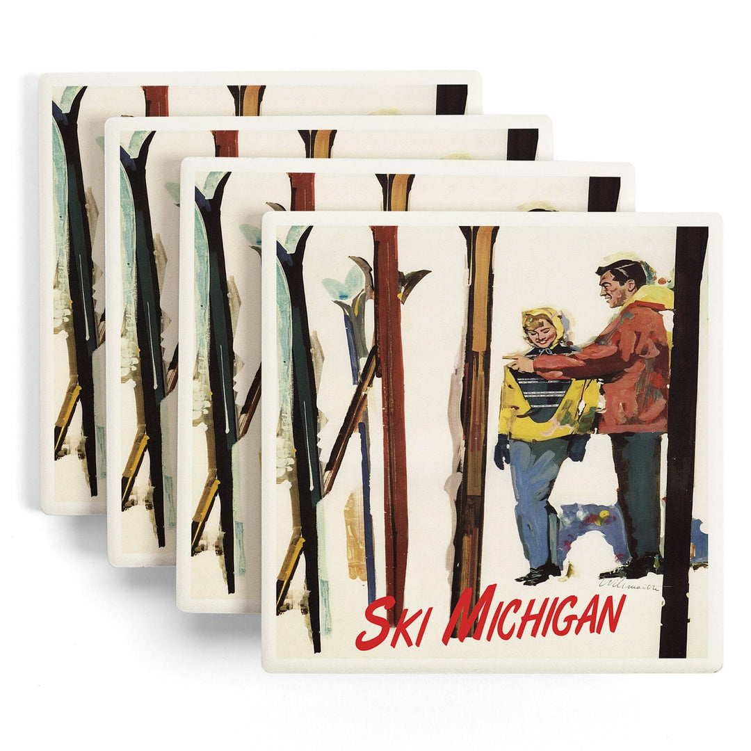 Ski Michigan, Couple by Skis in the Snow, Lantern Press Artwork, Coaster Set Coasters Lantern Press 