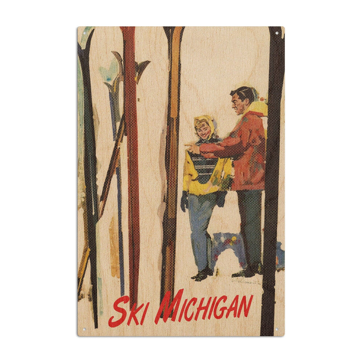 Ski Michigan, Couple by Skis in the Snow, Lantern Press Artwork, Wood Signs and Postcards Wood Lantern Press 10 x 15 Wood Sign 