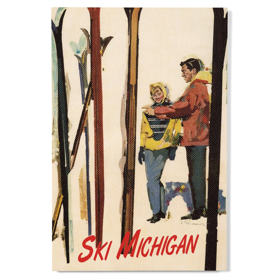 Ski Michigan, Couple by Skis in the Snow, Lantern Press Artwork, Wood Signs and Postcards Wood Lantern Press 