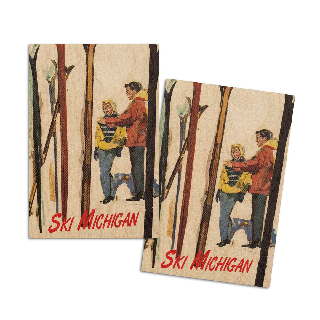 Ski Michigan, Couple by Skis in the Snow, Lantern Press Artwork, Wood Signs and Postcards Wood Lantern Press 4x6 Wood Postcard Set 