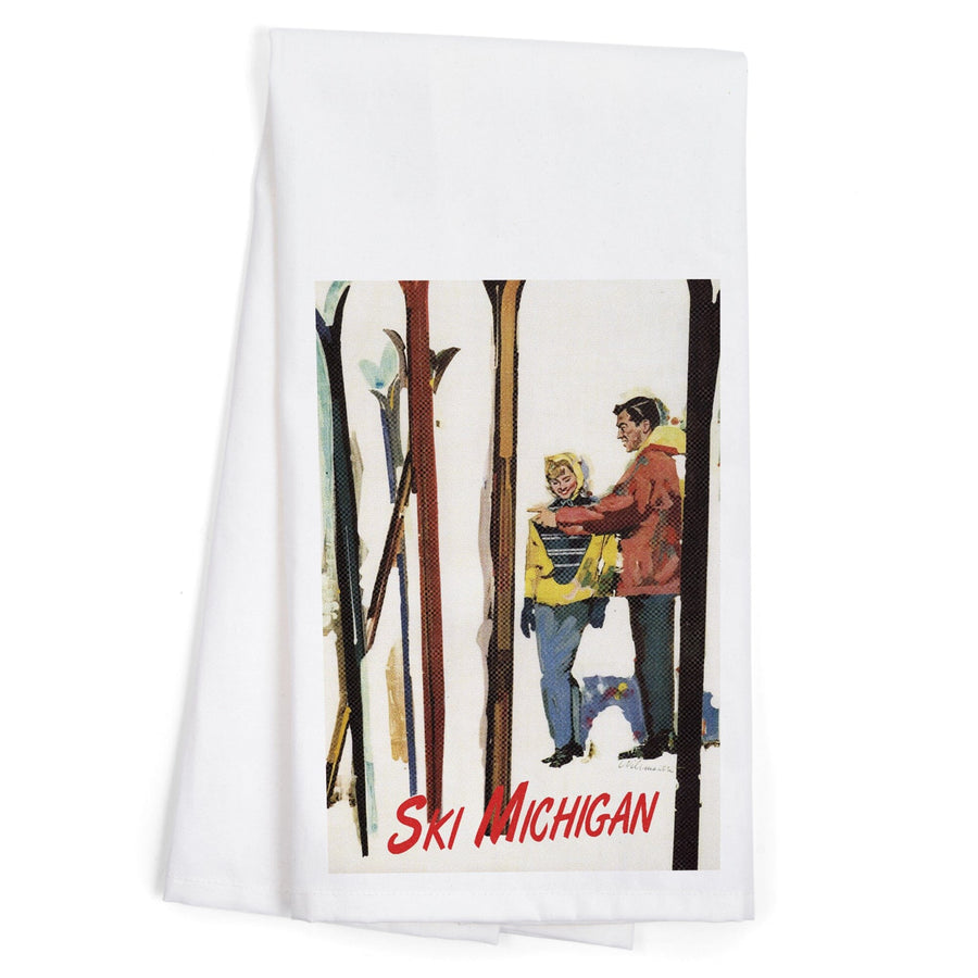 Ski Michigan, Couple by Skis in the Snow, Organic Cotton Kitchen Tea Towels Kitchen Lantern Press 