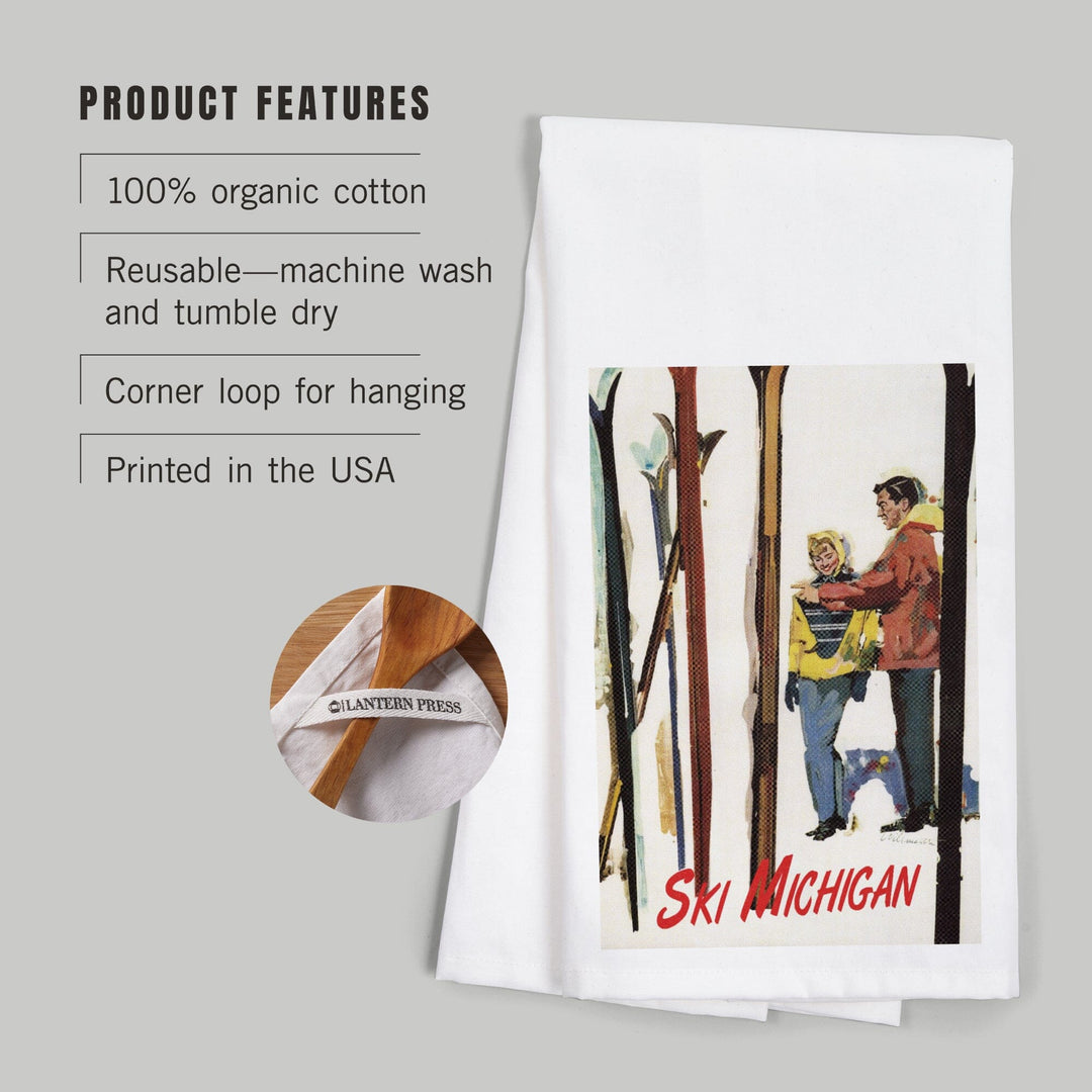 Ski Michigan, Couple by Skis in the Snow, Organic Cotton Kitchen Tea Towels Kitchen Lantern Press 
