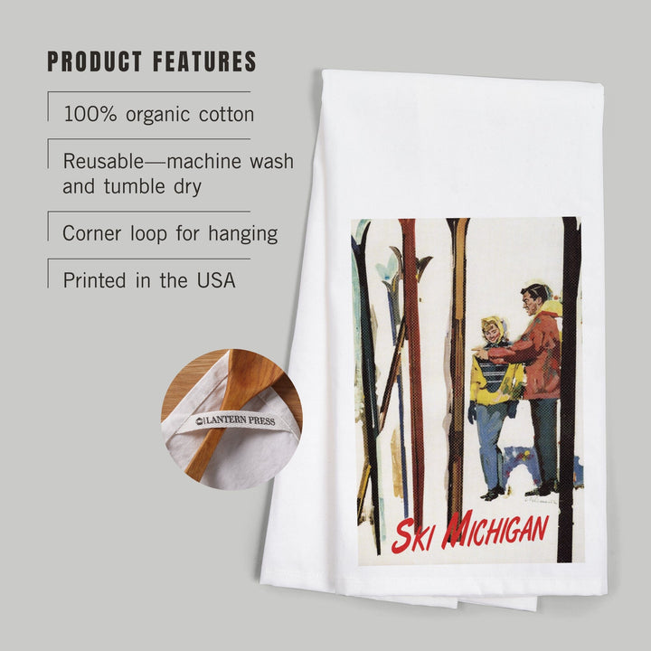 Ski Michigan, Couple by Skis in the Snow, Organic Cotton Kitchen Tea Towels Kitchen Lantern Press 