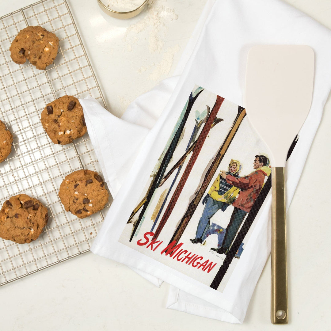 Ski Michigan, Couple by Skis in the Snow, Organic Cotton Kitchen Tea Towels Kitchen Lantern Press 
