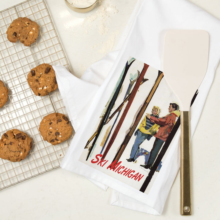 Ski Michigan, Couple by Skis in the Snow, Organic Cotton Kitchen Tea Towels Kitchen Lantern Press 