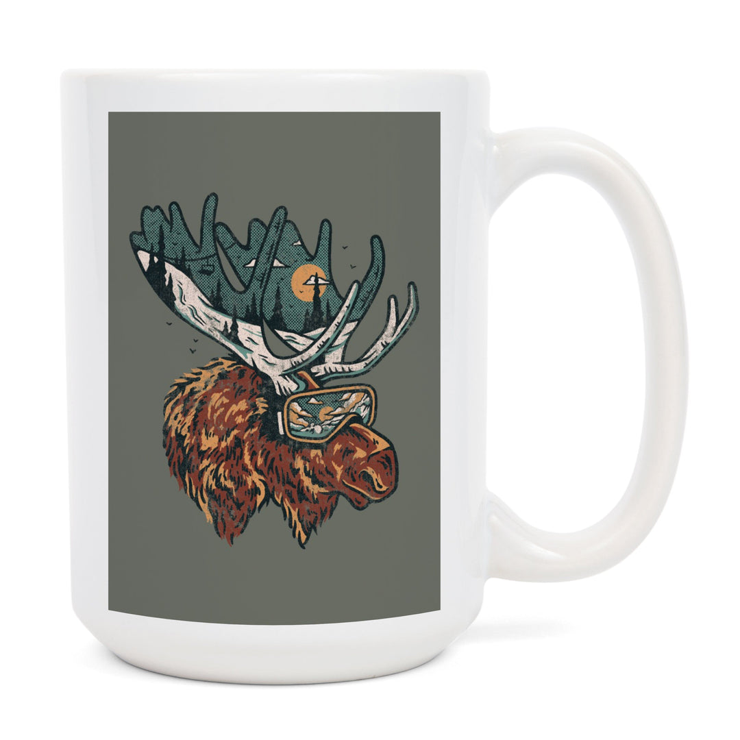 Ski Moose, Distressed Vector, Lantern Press Artwork, Ceramic Mug Mugs Lantern Press 