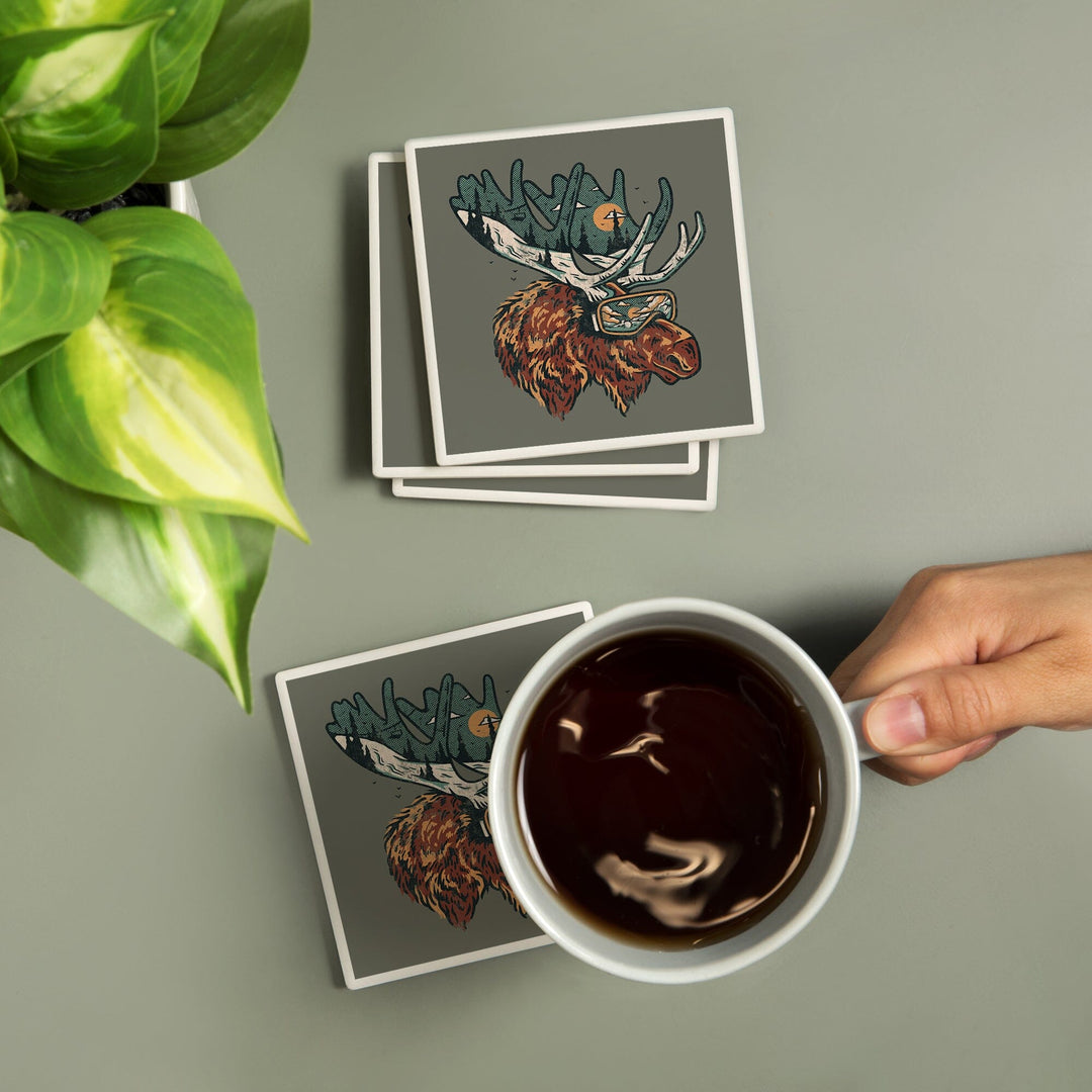 Ski Moose, Distressed Vector, Lantern Press Artwork, Coaster Set Coasters Lantern Press 