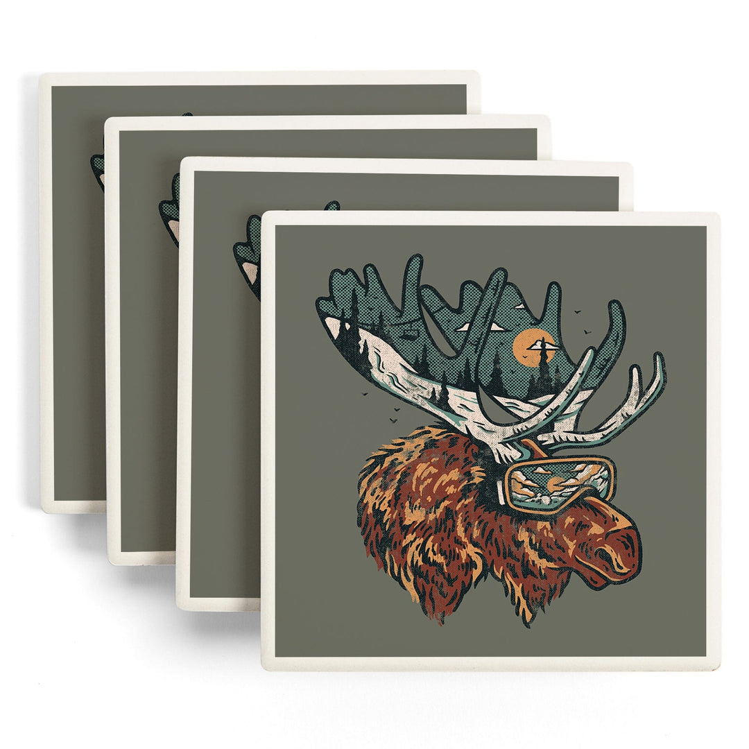 Ski Moose, Distressed Vector, Lantern Press Artwork, Coaster Set Coasters Lantern Press 