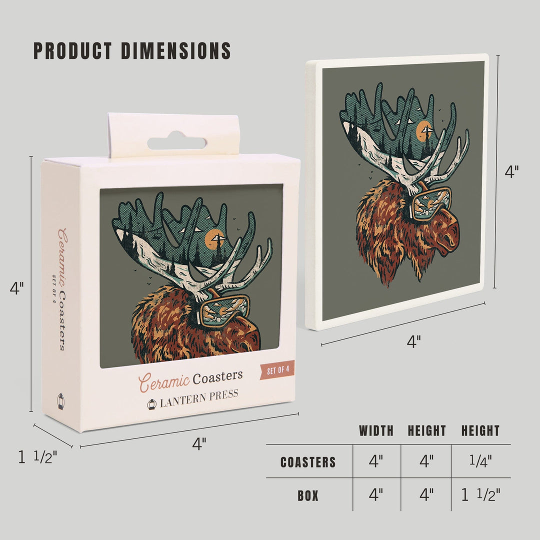 Ski Moose, Distressed Vector, Lantern Press Artwork, Coaster Set Coasters Lantern Press 