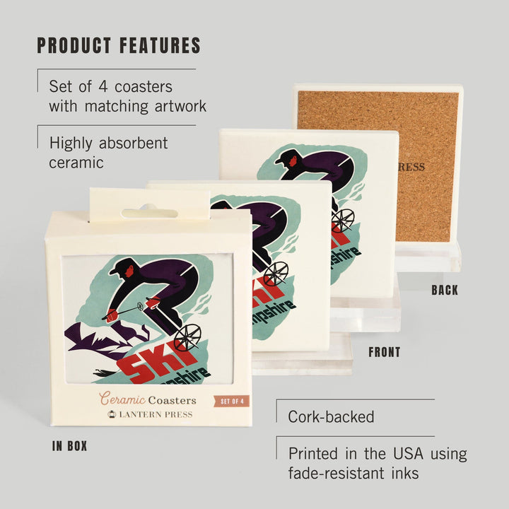 Ski New Hampshire, Retro Skier, Coasters Coasters Lantern Press 