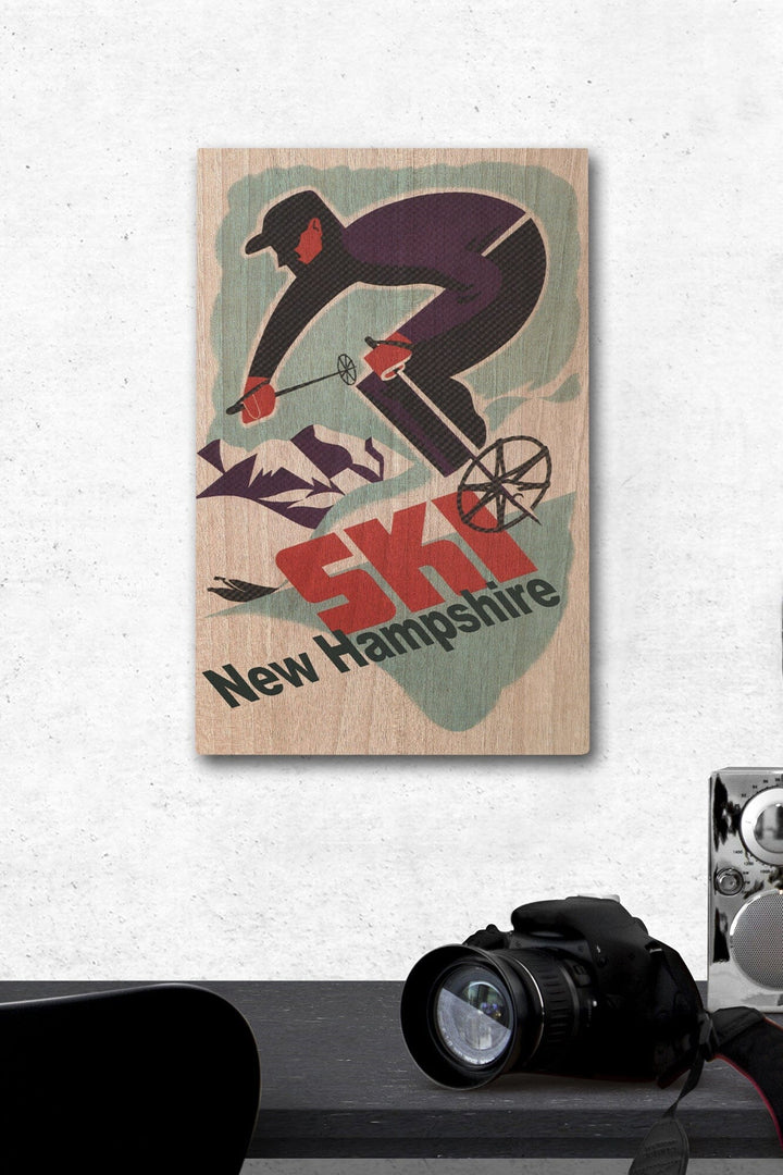 Ski New Hampshire, Retro Skier, Lantern Press Artwork, Wood Signs and Postcards Wood Lantern Press 12 x 18 Wood Gallery Print 
