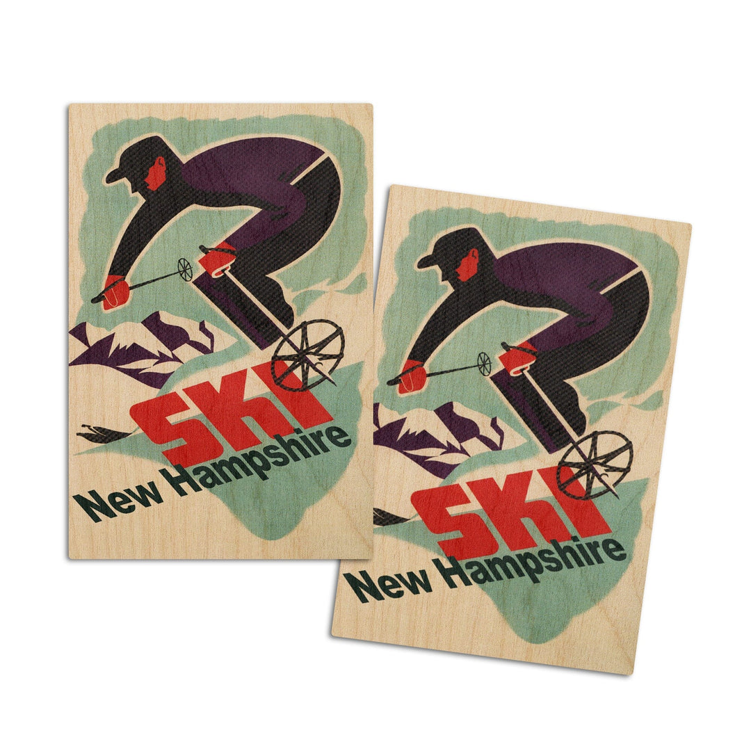 Ski New Hampshire, Retro Skier, Lantern Press Artwork, Wood Signs and Postcards Wood Lantern Press 4x6 Wood Postcard Set 