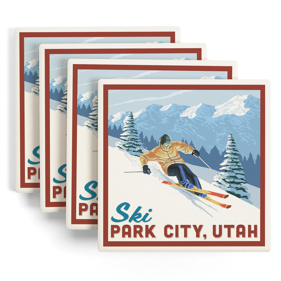 Ski Park City, Utah, Downhill Skier, Lantern Press Artwork, Coaster Set Coasters Lantern Press 