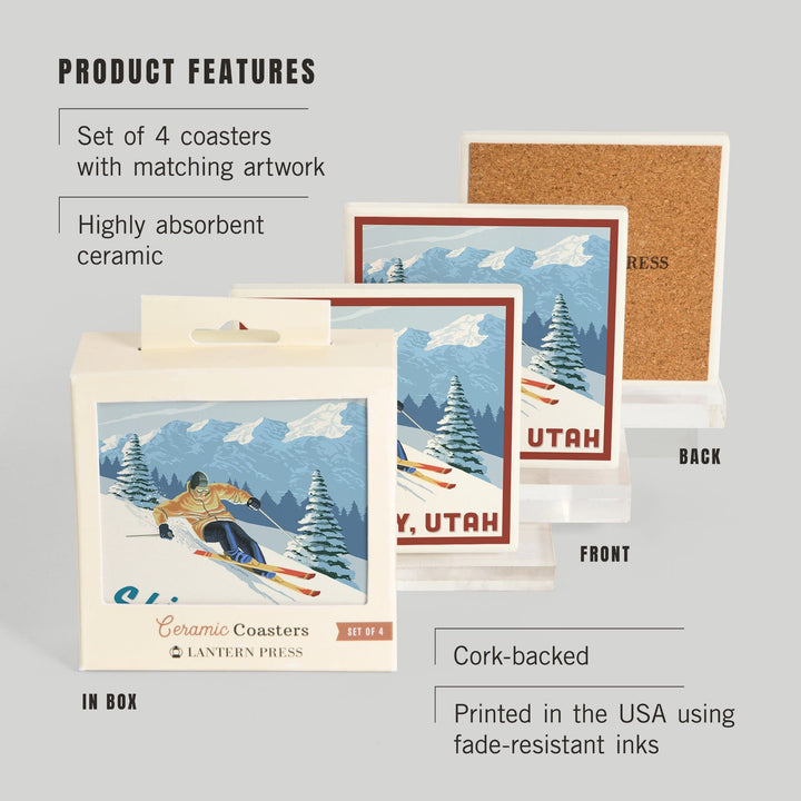 Ski Park City, Utah, Downhill Skier, Lantern Press Artwork, Coaster Set Coasters Lantern Press 