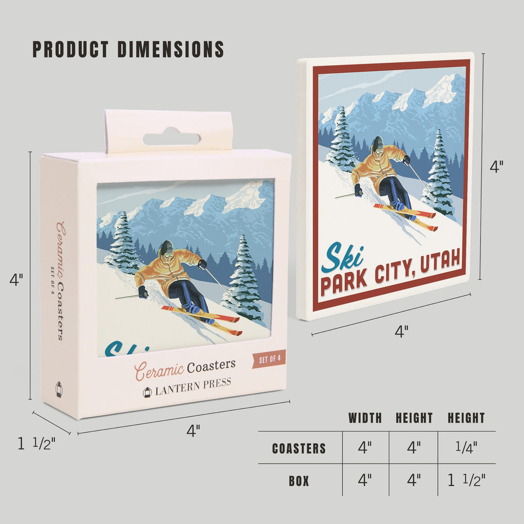 Ski Park City, Utah, Downhill Skier, Lantern Press Artwork, Coaster Set Coasters Lantern Press 