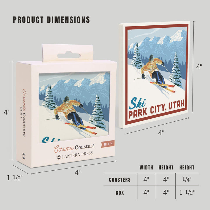 Ski Park City, Utah, Downhill Skier, Lantern Press Artwork, Coaster Set Coasters Lantern Press 