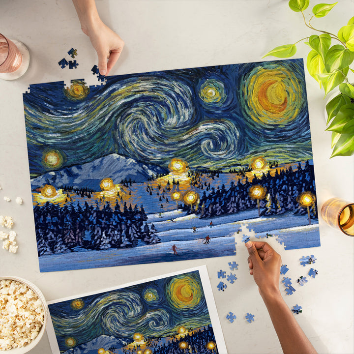 Ski Resort with Mountain, Starry Night, Jigsaw Puzzle Puzzle Lantern Press 