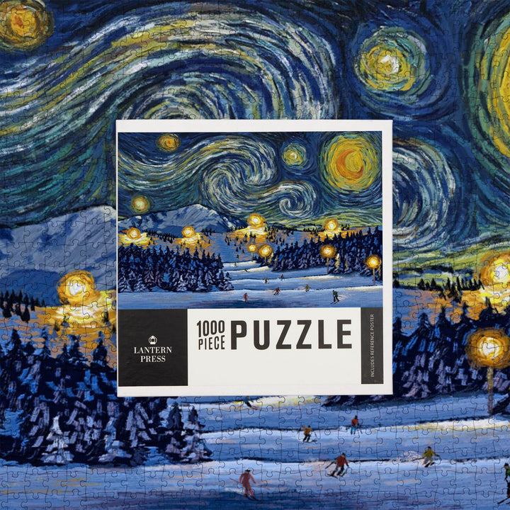 Ski Resort with Mountain, Starry Night, Jigsaw Puzzle Puzzle Lantern Press 