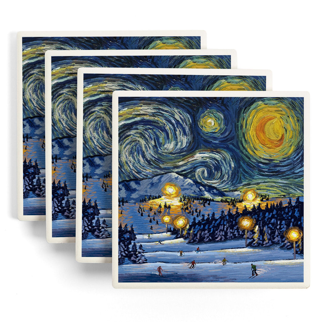 Ski Resort with Mountain, Starry Night, Lantern Press Artwork, Coaster Set Coasters Lantern Press 