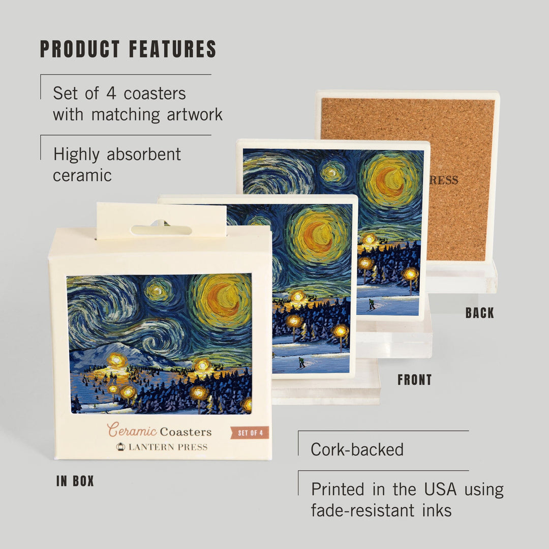 Ski Resort with Mountain, Starry Night, Lantern Press Artwork, Coaster Set Coasters Lantern Press 