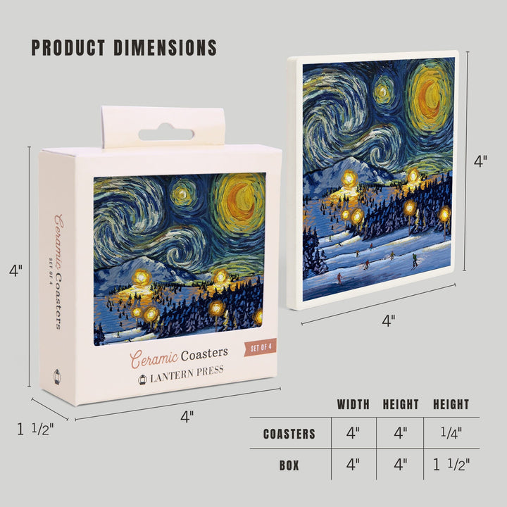 Ski Resort with Mountain, Starry Night, Lantern Press Artwork, Coaster Set Coasters Lantern Press 