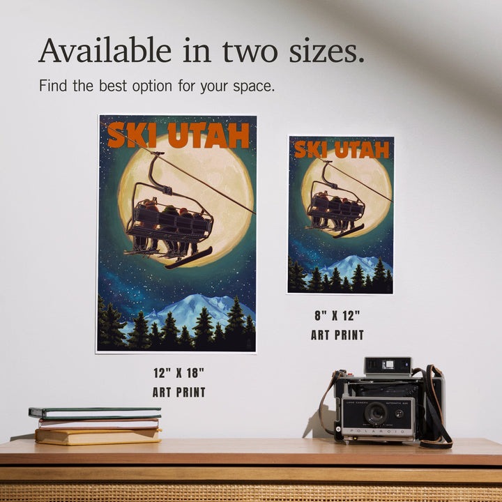 Ski Utah, Ski Lift and Full Moon, Art & Giclee Prints Art Lantern Press 