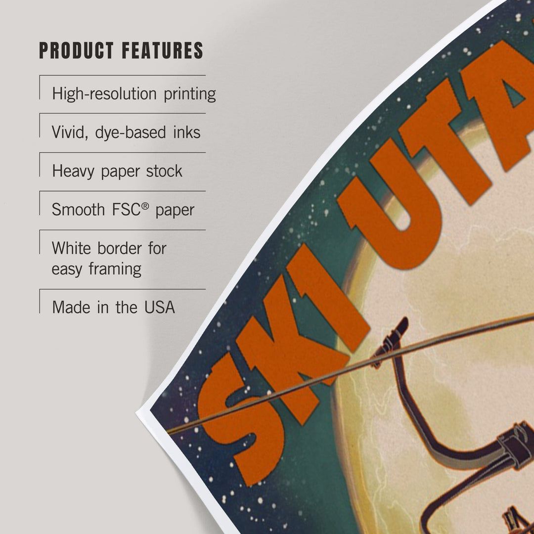 Ski Utah, Ski Lift and Full Moon, Art & Giclee Prints Art Lantern Press 