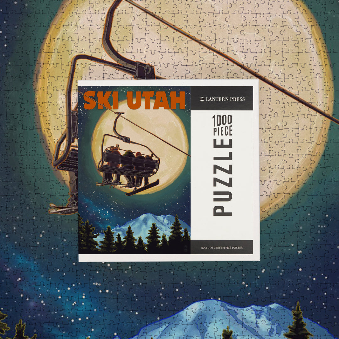 Ski Utah, Ski Lift and Full Moon, Jigsaw Puzzle Puzzle Lantern Press 