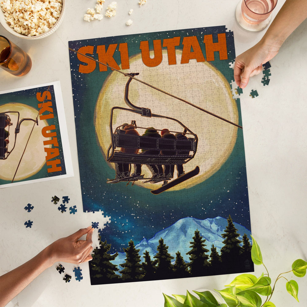 Ski Utah, Ski Lift and Full Moon, Jigsaw Puzzle Puzzle Lantern Press 