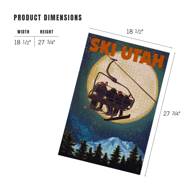 Ski Utah, Ski Lift and Full Moon, Jigsaw Puzzle Puzzle Lantern Press 