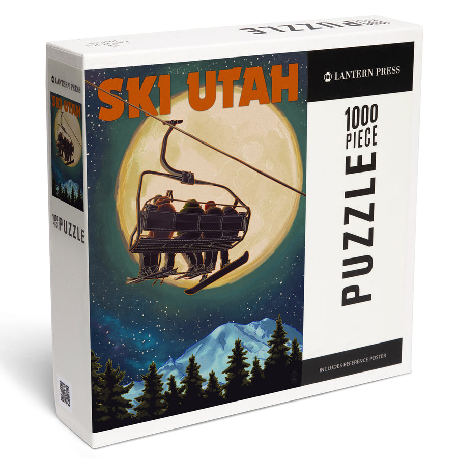 Ski Utah, Ski Lift and Full Moon, Jigsaw Puzzle Puzzle Lantern Press 