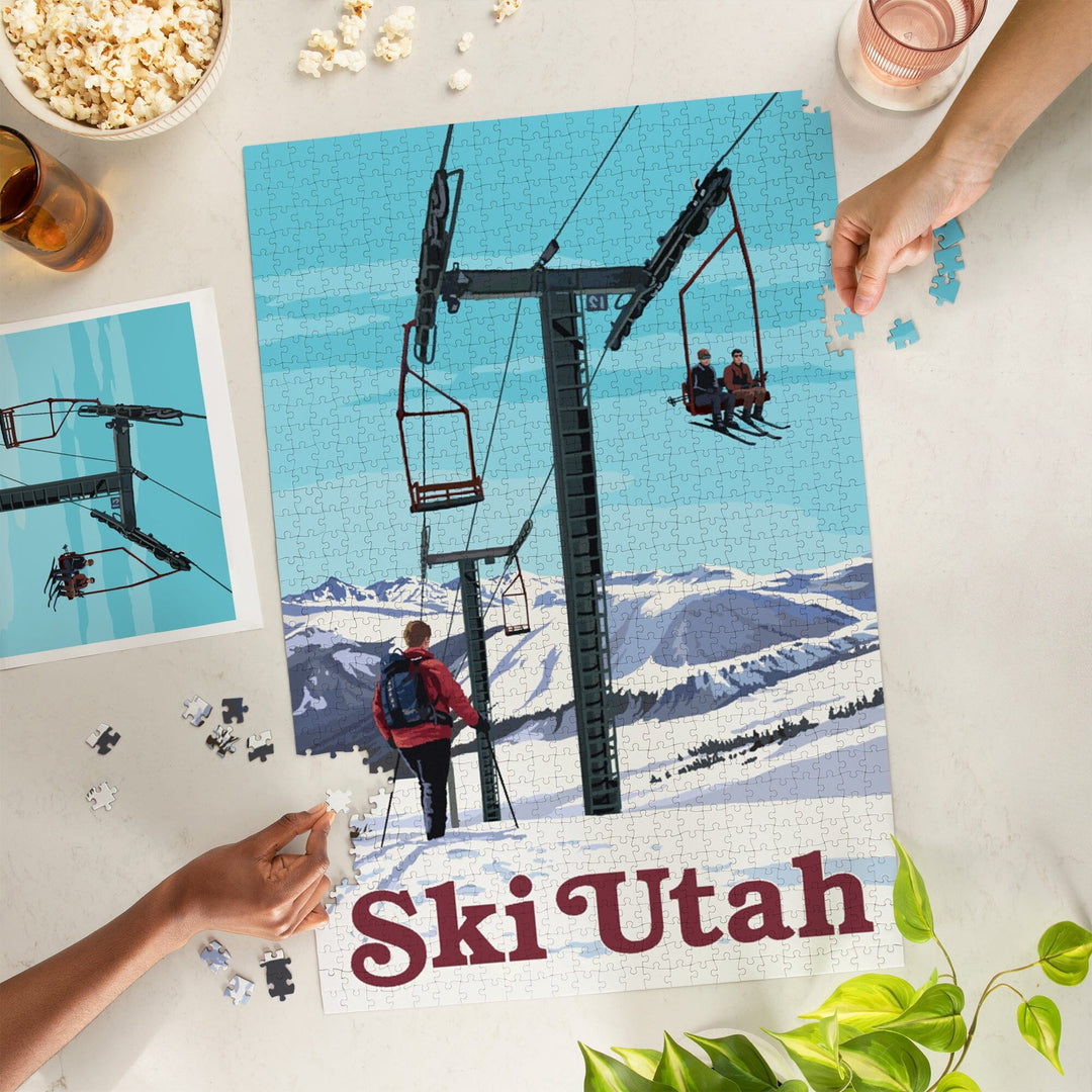 Ski Utah, Ski Lift Day Scene, Jigsaw Puzzle Puzzle Lantern Press 