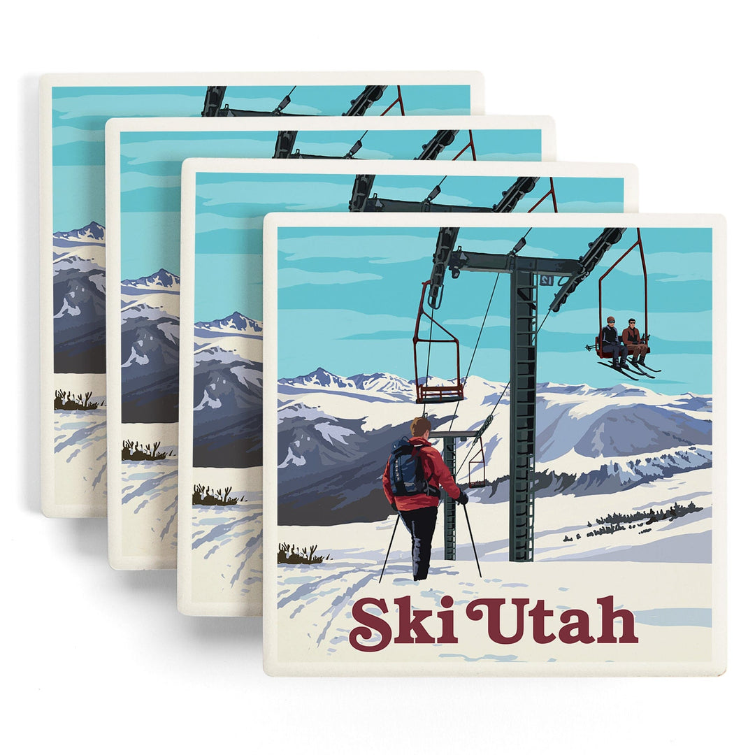 Ski Utah, Ski Lift Day Scene, Lantern Press Artwork, Coaster Set Coasters Lantern Press 