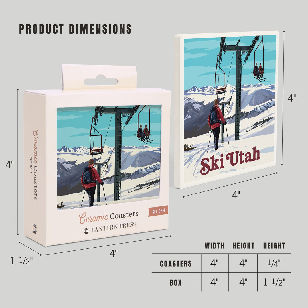 Ski Utah, Ski Lift Day Scene, Lantern Press Artwork, Coaster Set Coasters Lantern Press 