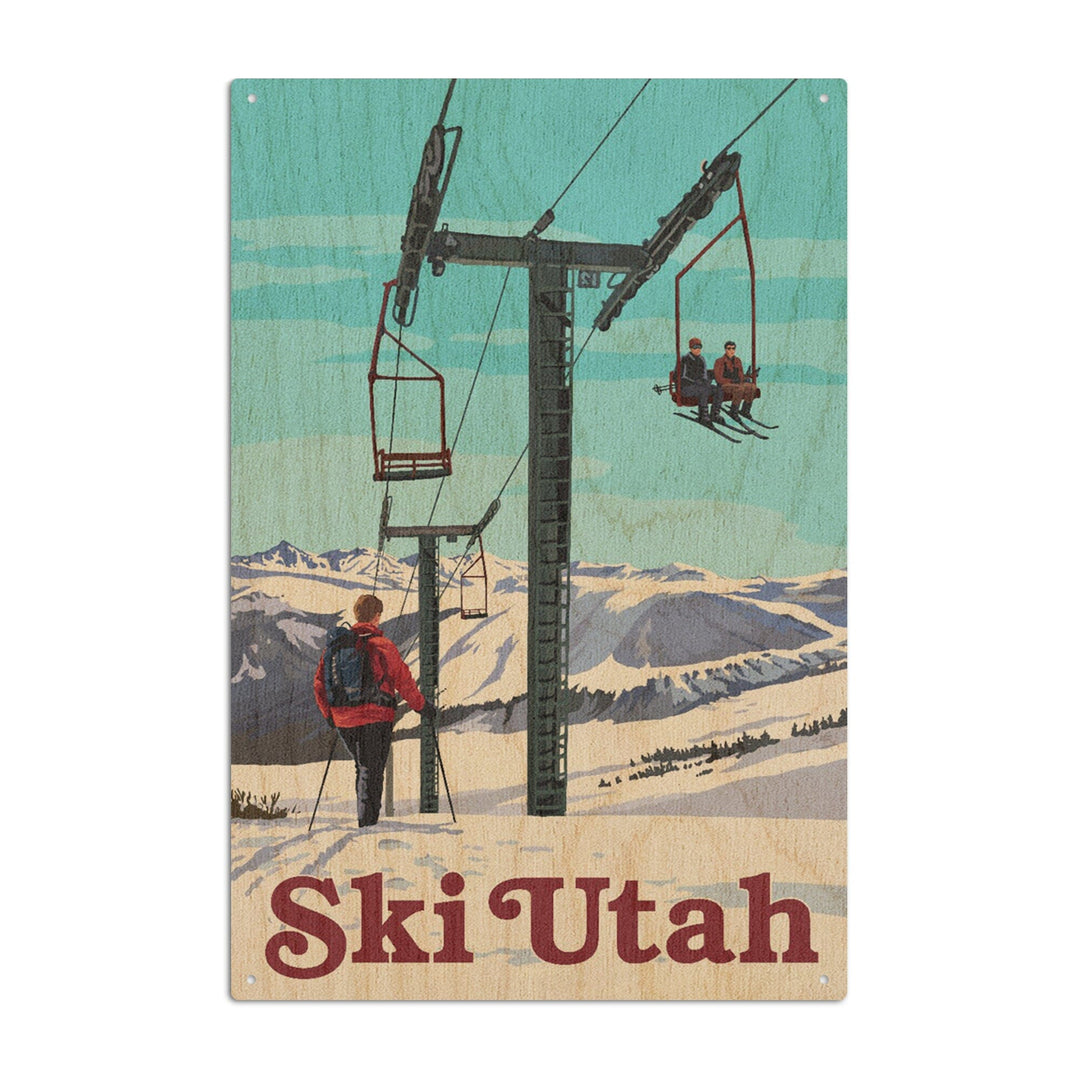 Ski Utah, Ski Lift Day Scene, Lantern Press Artwork, Wood Signs and Postcards Wood Lantern Press 10 x 15 Wood Sign 