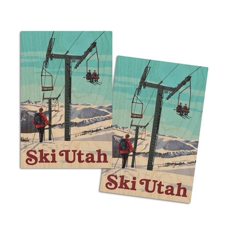 Ski Utah, Ski Lift Day Scene, Lantern Press Artwork, Wood Signs and Postcards Wood Lantern Press 4x6 Wood Postcard Set 