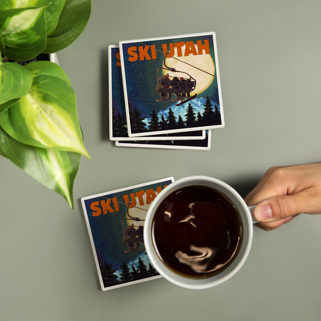 Ski Utah, Ski Lift & Full Moon, Lantern Press Artwork, Coaster Set Coasters Lantern Press 