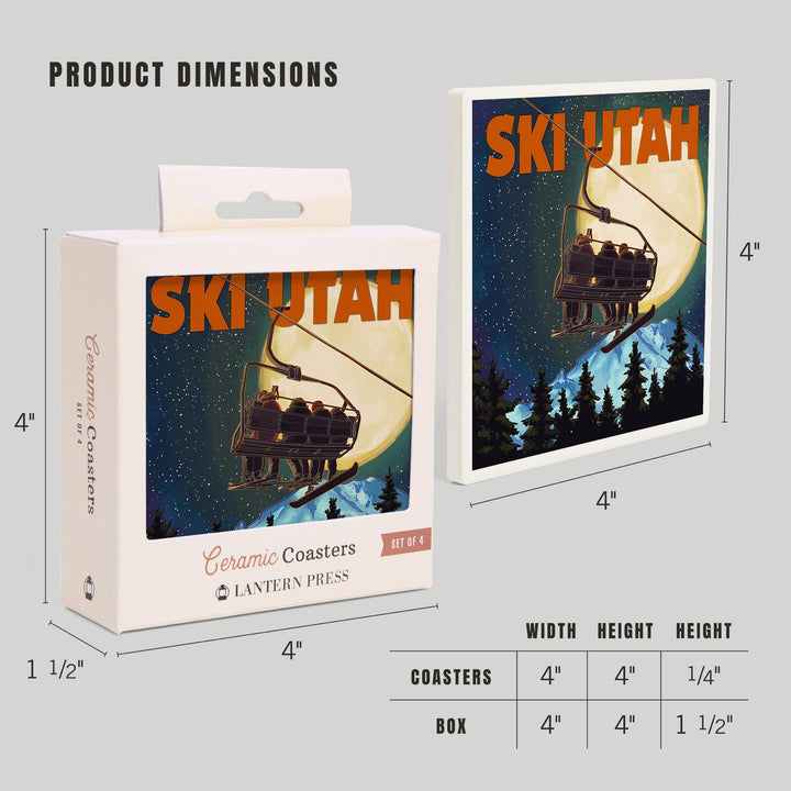 Ski Utah, Ski Lift & Full Moon, Lantern Press Artwork, Coaster Set Coasters Lantern Press 