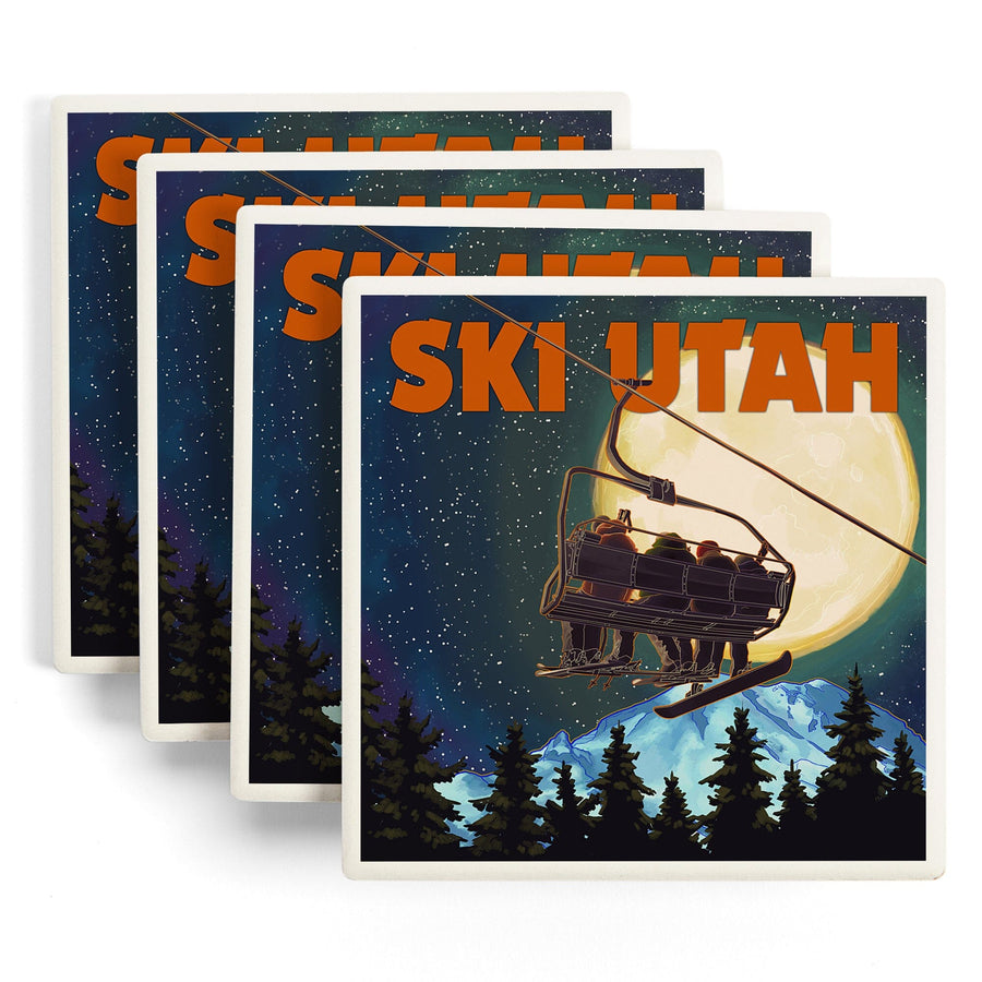 Ski Utah, Ski Lift & Full Moon, Lantern Press Artwork, Coaster Set Coasters Lantern Press 