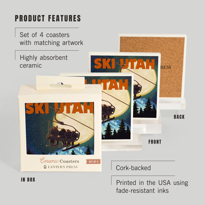 Ski Utah, Ski Lift & Full Moon, Lantern Press Artwork, Coaster Set Coasters Lantern Press 