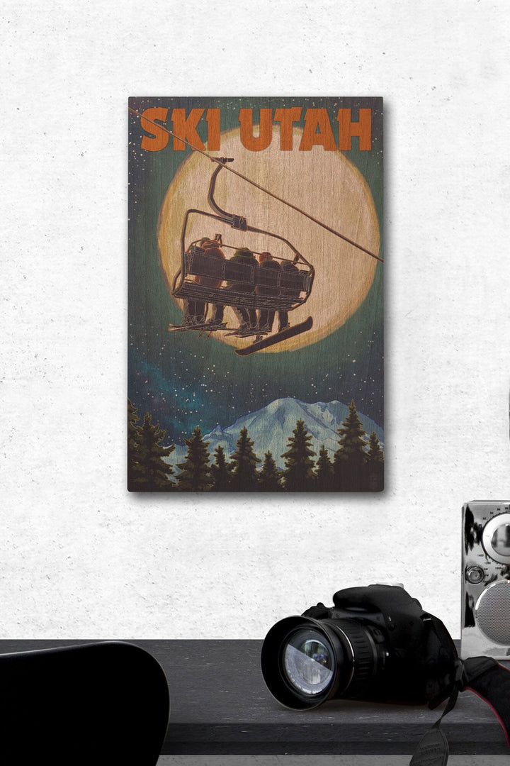Ski Utah, Ski Lift & Full Moon, Lantern Press Artwork, Wood Signs and Postcards Wood Lantern Press 12 x 18 Wood Gallery Print 