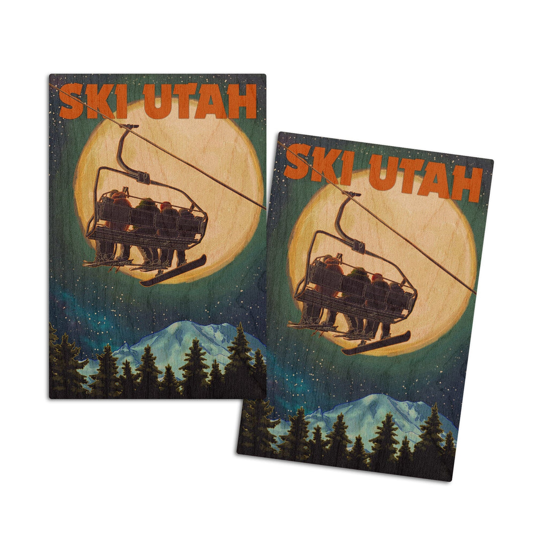 Ski Utah, Ski Lift & Full Moon, Lantern Press Artwork, Wood Signs and Postcards Wood Lantern Press 4x6 Wood Postcard Set 