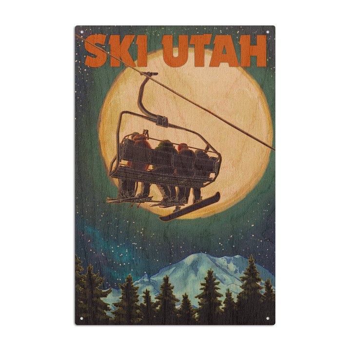 Ski Utah, Ski Lift & Full Moon, Lantern Press Artwork, Wood Signs and Postcards Wood Lantern Press 6x9 Wood Sign 