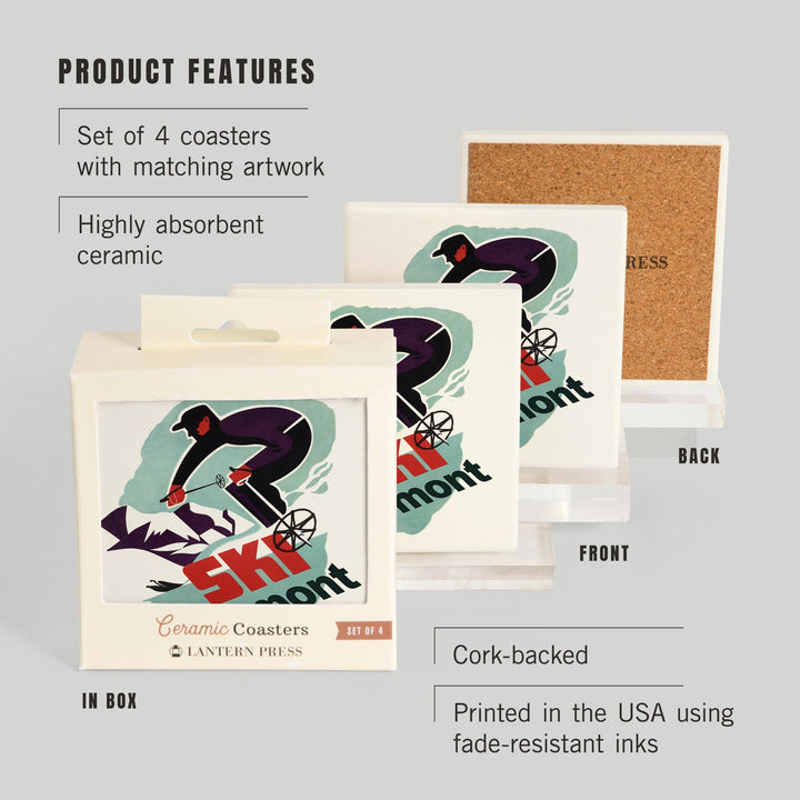 Ski Vermont, Retro Skier, Coasters Coasters Lantern Press 